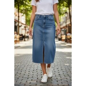 Rachel Zoe Denim Midi Skirt with Front Slit Classic Blue Wash Size 8 EUC